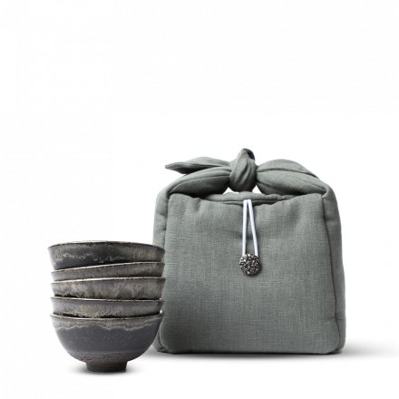 Coffret de 5 bols à thé Yoshi En, pièces noires, sac de protection gris