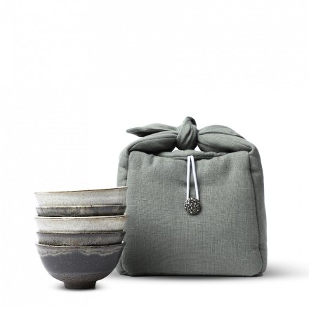 Yoshi En, coffret de 5 bols à thé, pièces noires et blanches, sac de protection gris