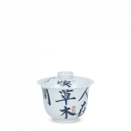 Porcelaine avec calligraphie de Jingdezhen Gaiwan Fu Rong, bleu & blanc