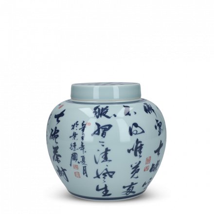 Porcelaine avec calligraphie de Jingdezhen grand pot à thé, bleu & blanc