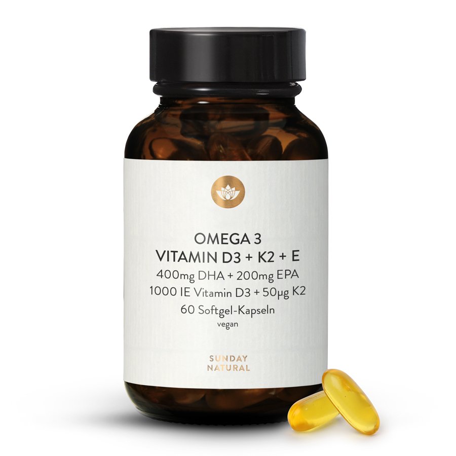 Oméga 3 + Vitamine D3 K2 E vegan 60 gélules Softgel | Sunday Natural